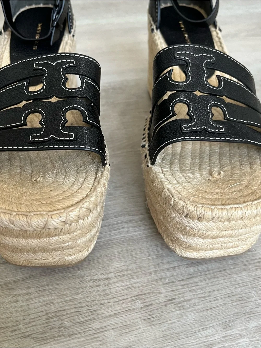 Tory Burch Ines Wedge Espadrille Sandals  Black Leather Sz 9 New 154464 Designer